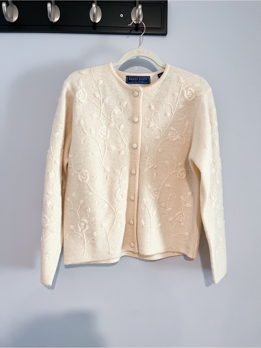 Karen Scott 100% Wool Cream Embroidered Button-Front Cardigan